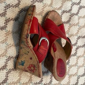 BOC big buckle red floral heeled wedges size 7